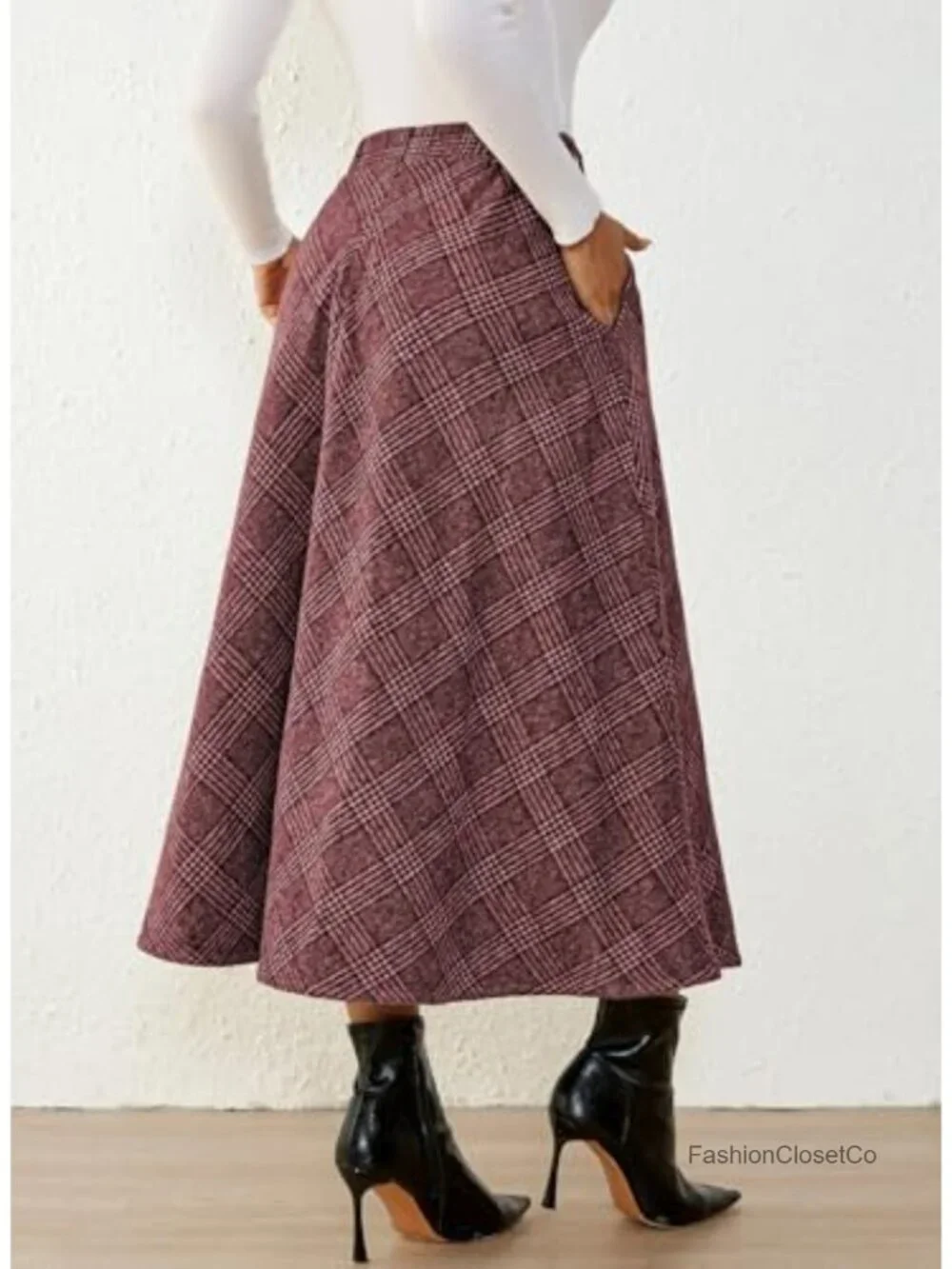 A-Line High Waist Flared Tartan Midi Skirt with Pockets
